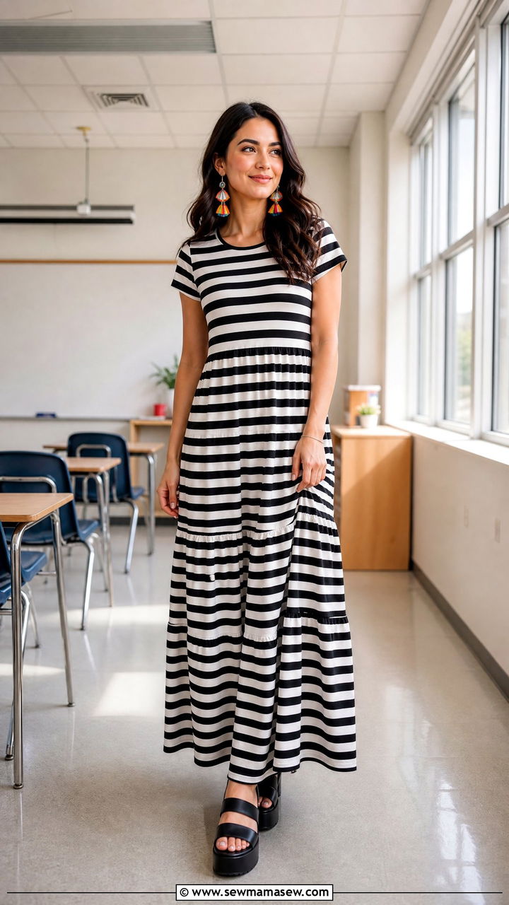 Striped Maxi Dress With Platform Sandals Outfit - 30 summer outfits for teachers