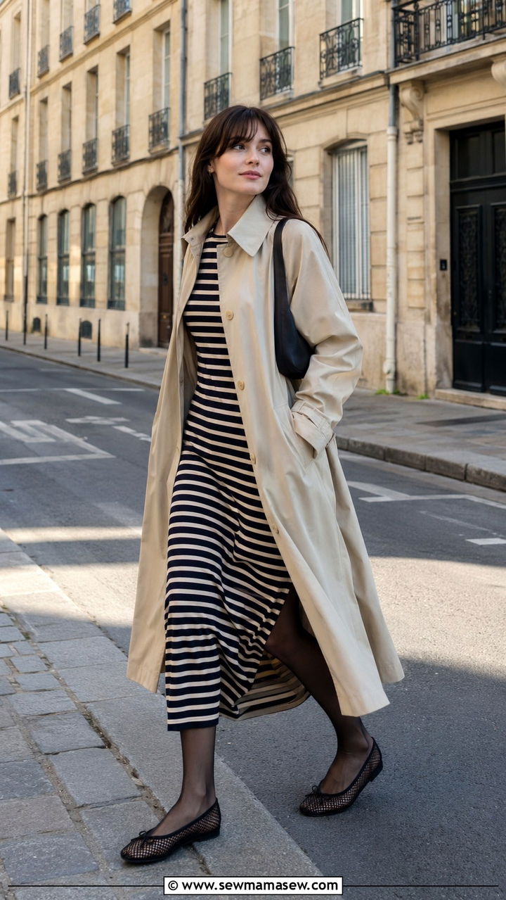 Striped Maxi Dress With Tights And Ballet Flats - 30 Maxi dress outfit ideas with tights