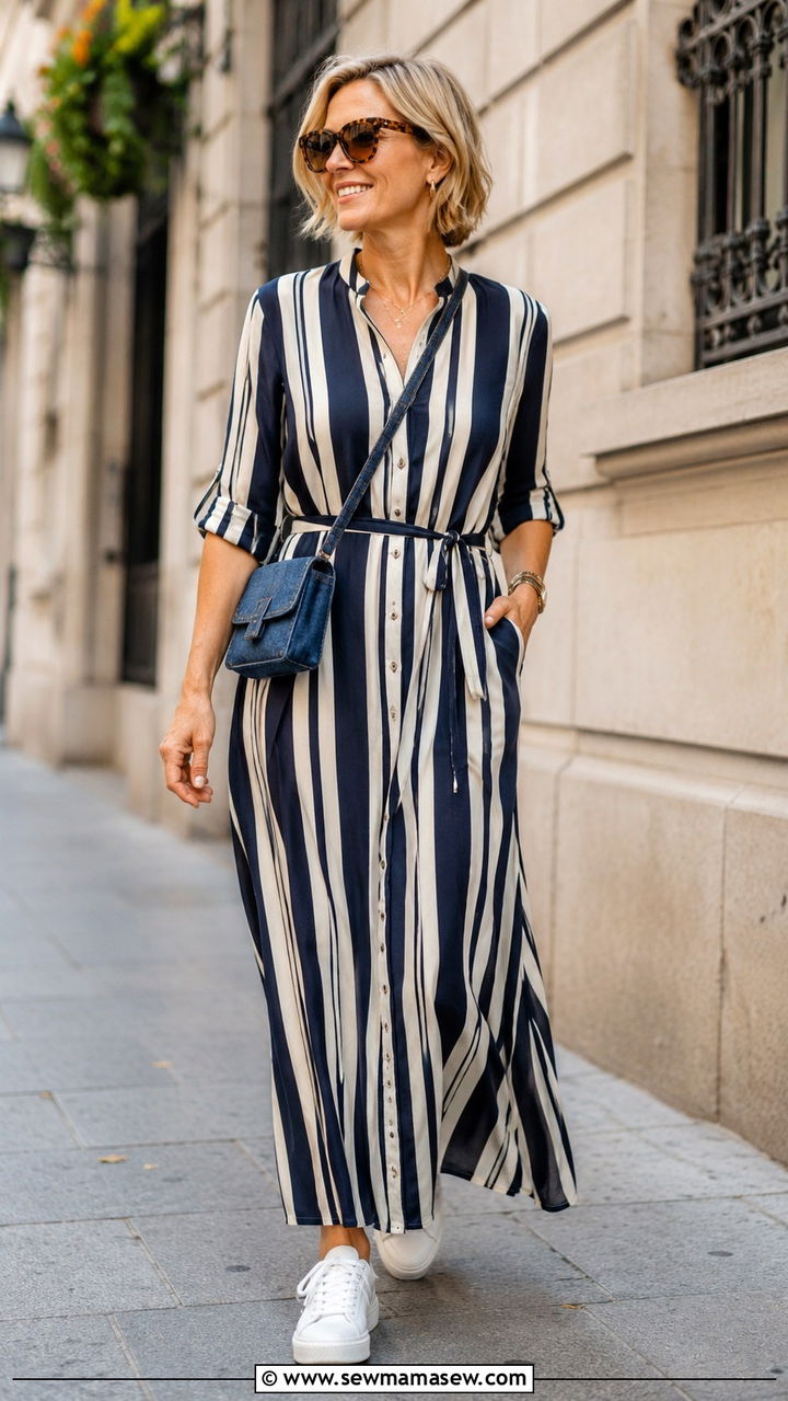 Striped Maxi Dress With White Sneakers - 30 maxi dress outfits for women over 40
