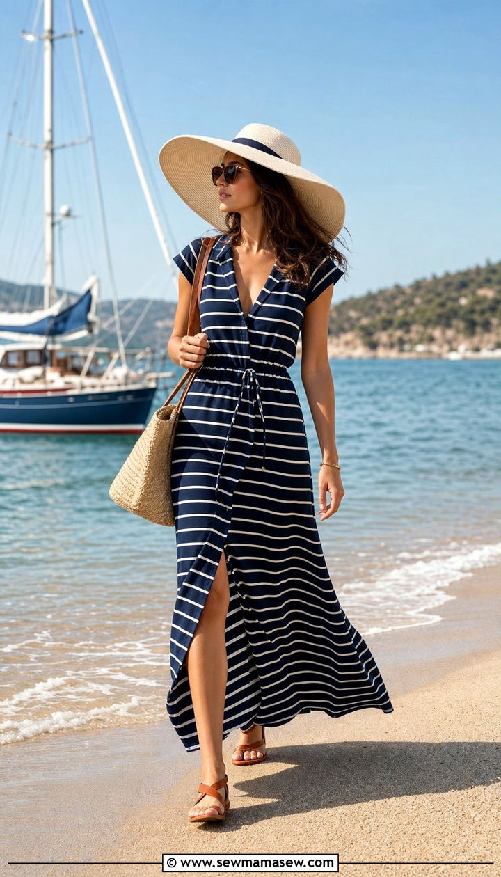 Striped Maxi Dress With Wide Brim Hat and Flat Sandals - 25 Sporty chic outfit ideas sailing
