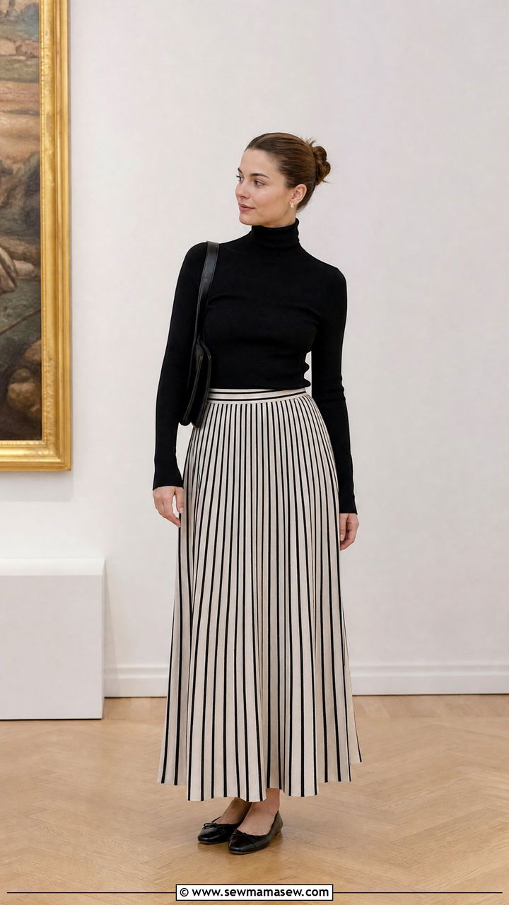 Striped Maxi Skirt With Turtleneck And Ballet Flats - 35 maxi skirt outfits aesthetic