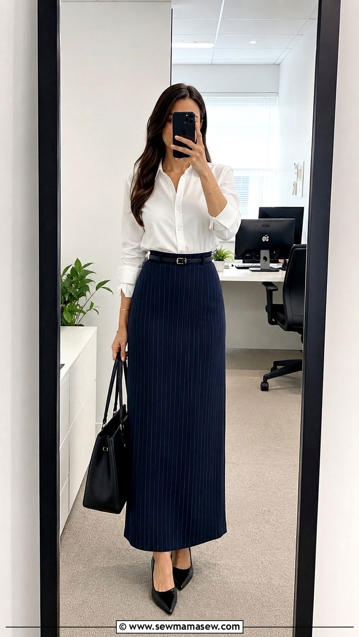 Striped Maxi Skirt With White Blouse - 30 Maxi skirt outfit ideas for work