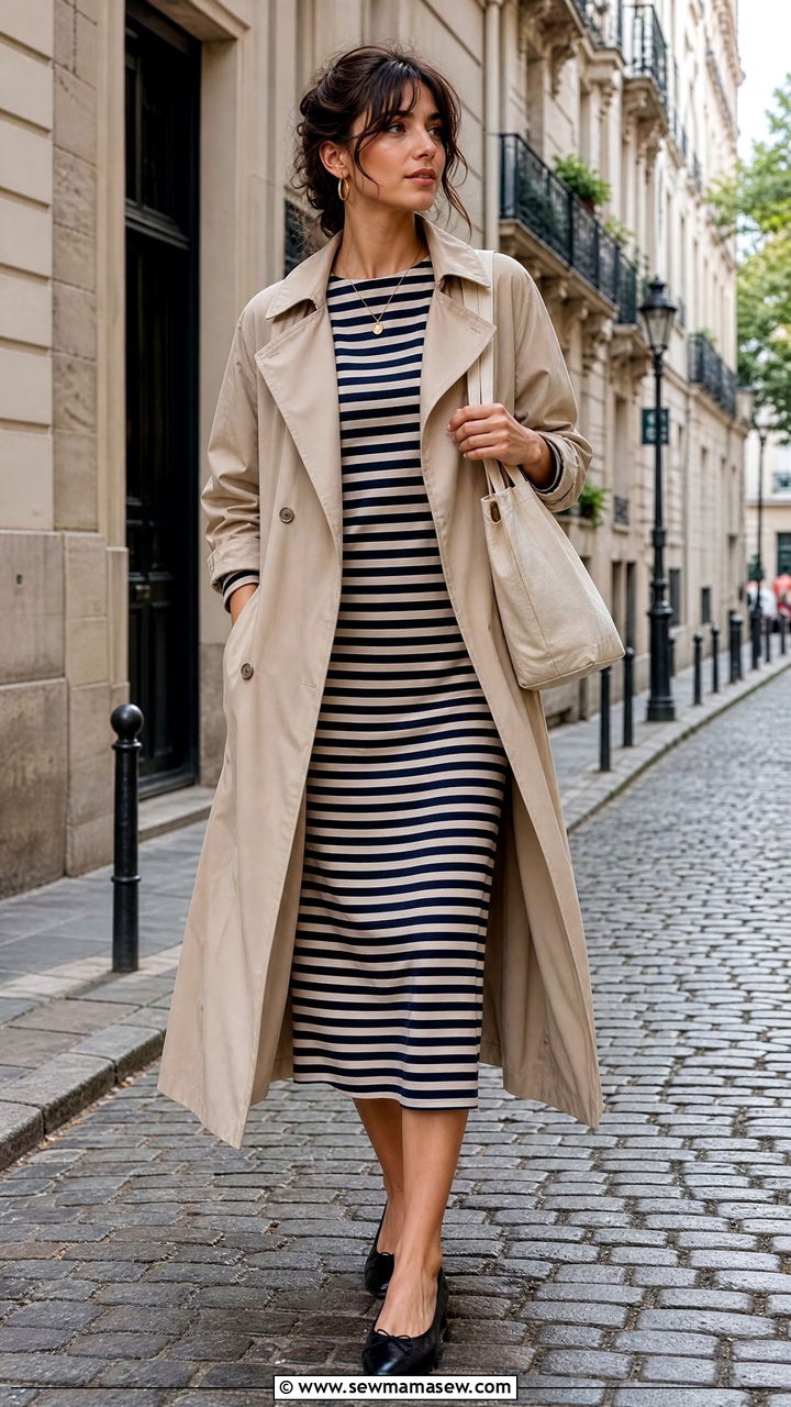 Striped Midi Dress With Beige Trench Coat Outfit - 25 Midi dress with trench coat outfit ideas