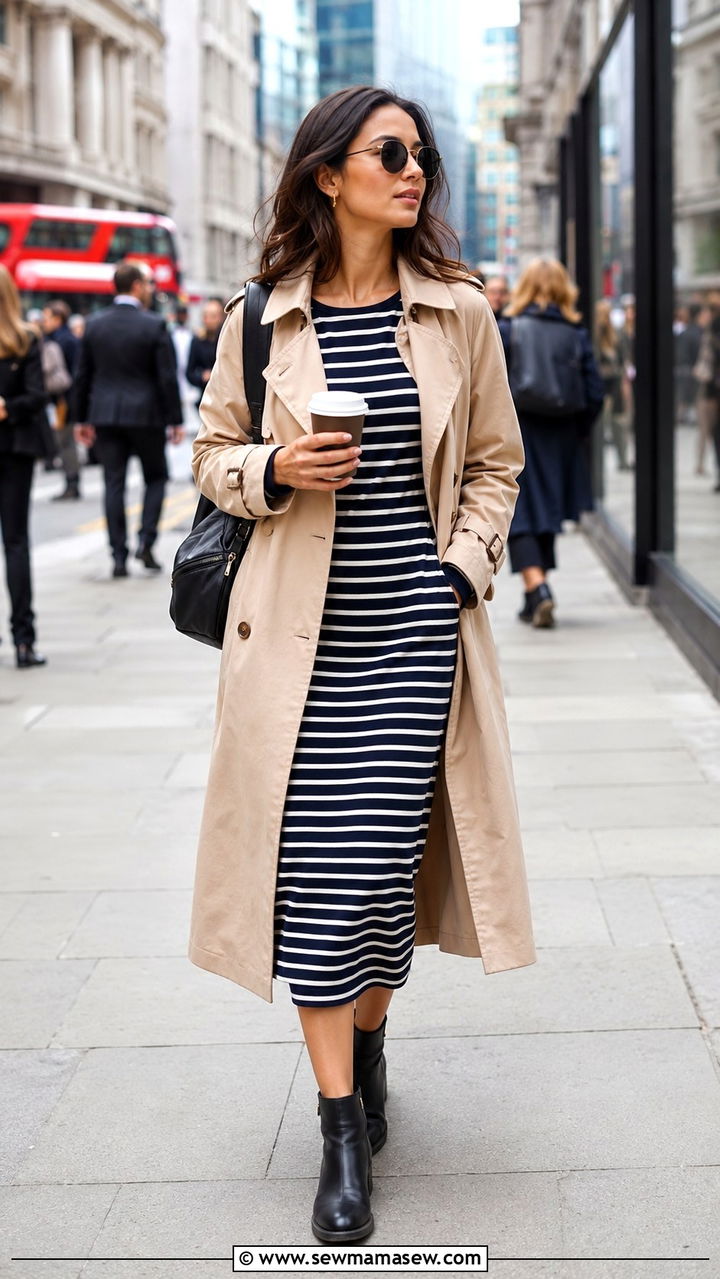 Striped Midi Dress With Chelsea Boots - 30 Midi dress outfit ideas with boots