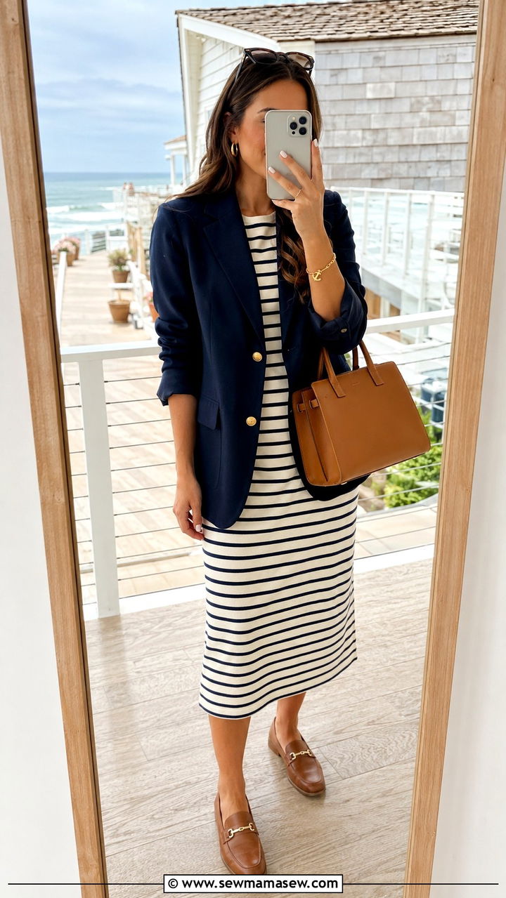 Striped Midi Dress With Navy Blazer - 30 Midi dress outfit ideas with a blazer