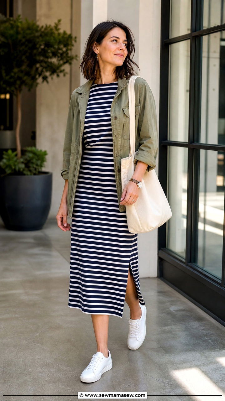 Striped Midi Dress With White Sneakers - 25 Business casual outfits with midi dress
