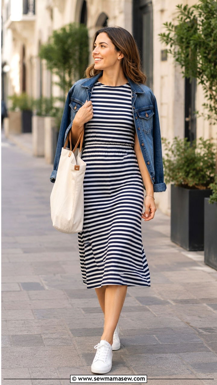 Striped Midi Dress With White Sneakers - 25 Modest outfit ideas summer 2026
