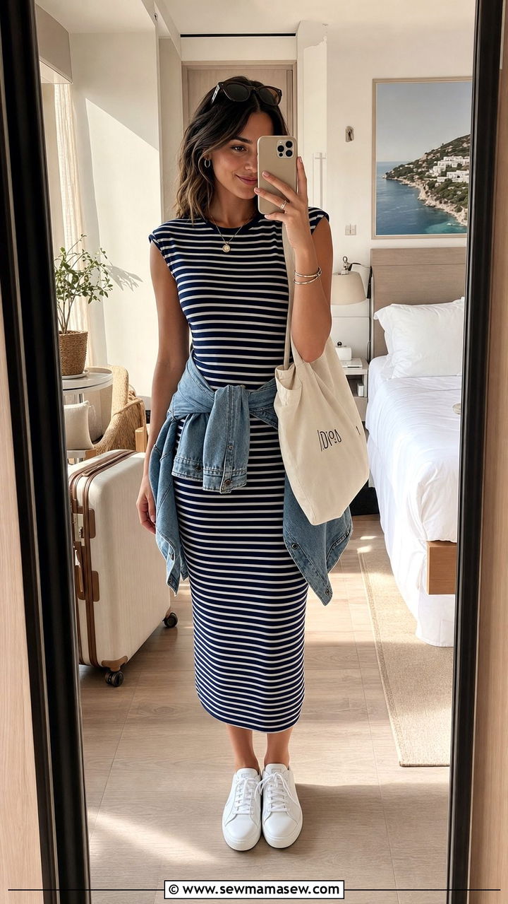 Striped Midi Dress With White Sneakers Outfit - 25 Spring outfit templates