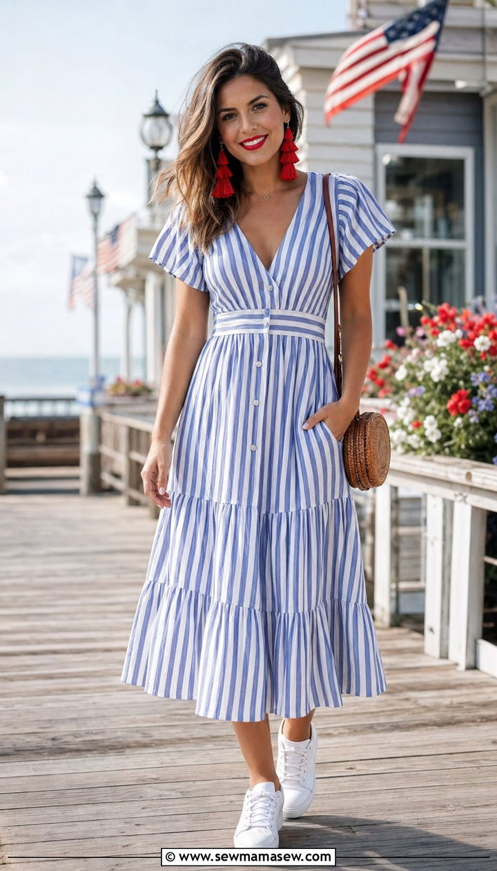 Striped Midi Dress With White Sneakers - 35 4th of July outfits