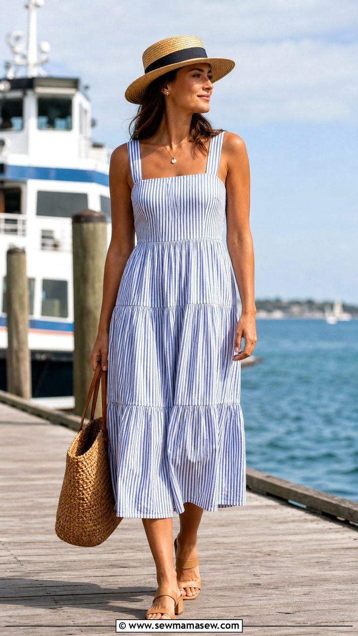 Striped Midi Dress With Woven Tote - 40 summer coastal grandmother outfits