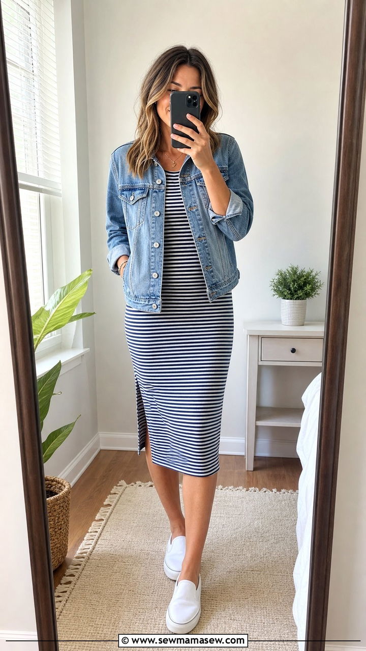Striped Midi Dress with Denim Jacket and Slip On Sneakers - 35 casual midi dress outfits