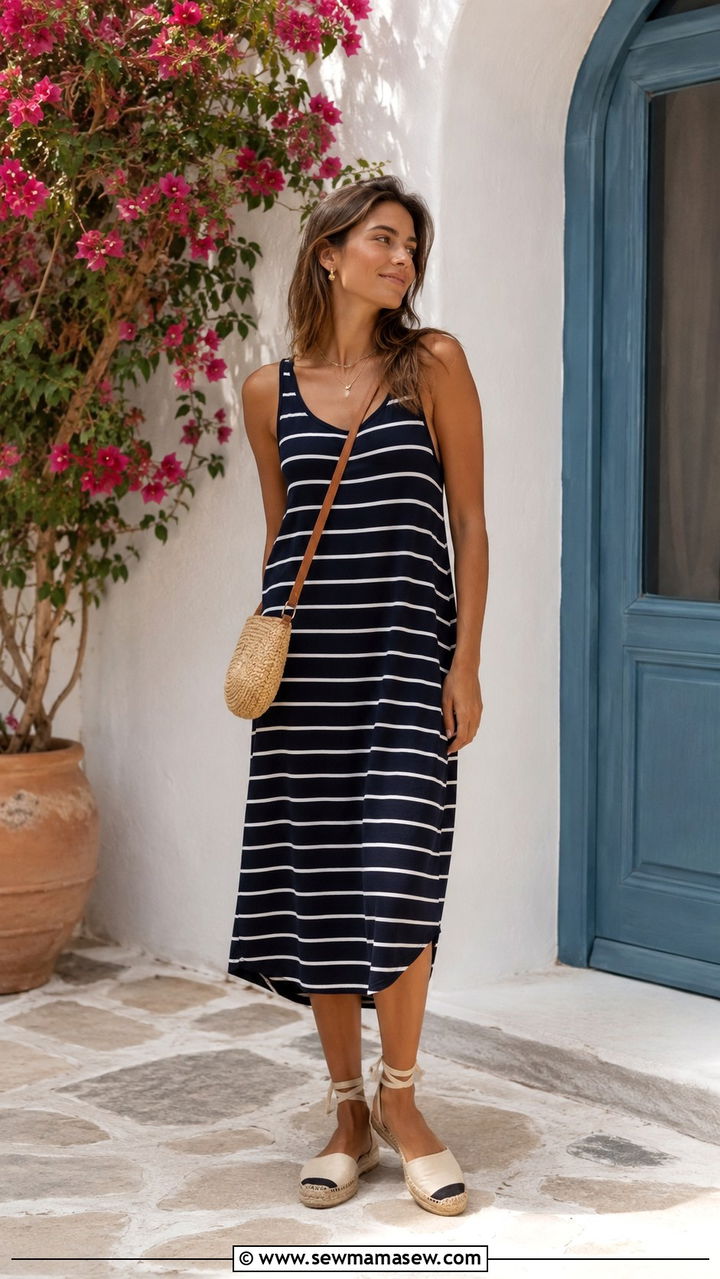 Striped Midi Dress with Espadrille Flats and a Woven Crossbody - 30 Chill summer outfit ideas
