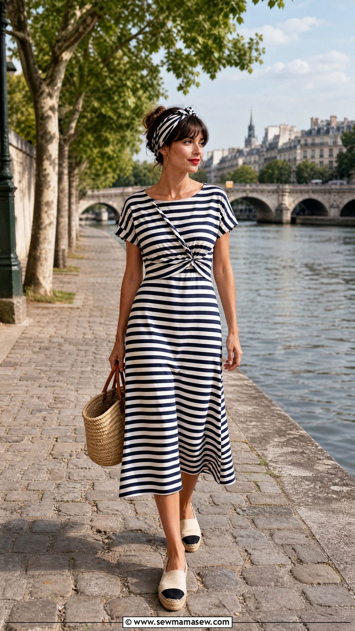 Striped Midi Dress with Espadrilles and a Headband - 25 classy European summer outfits