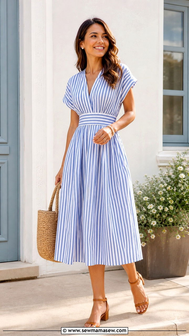 Striped Midi Dress with Low Block Heels Outfit - 40 spring work outfit ideas