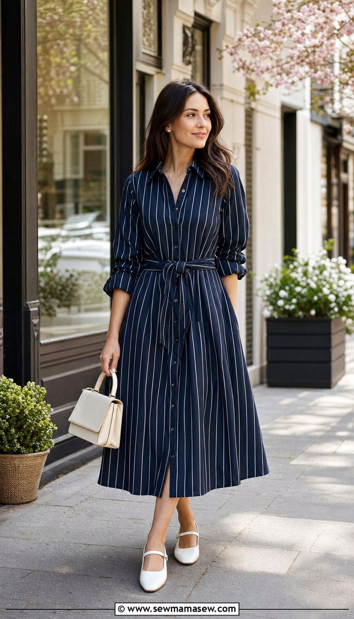 Striped Midi Shirt Dress with Mary Jane Flats - 25 spring shirt dress outfit ideas