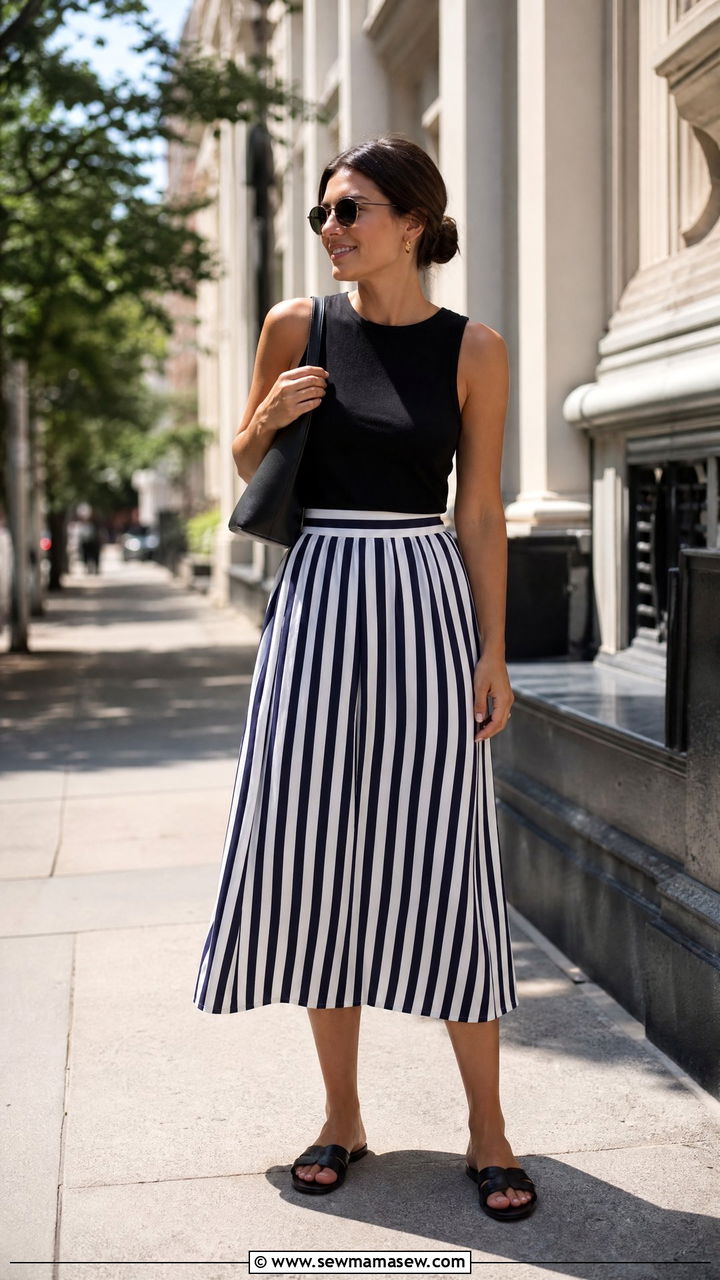 Striped Midi Skirt And Black Top Outfit - 30 Summer capsule wardrobe minimalist