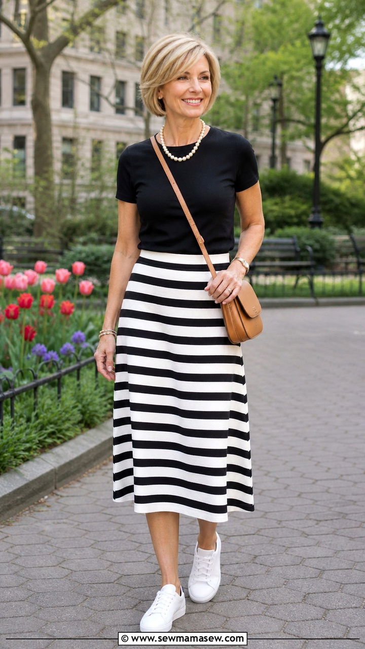 Striped Midi Skirt With Black Tee and White Sneakers - 40 Spring outfit ideas for women over 50 2026