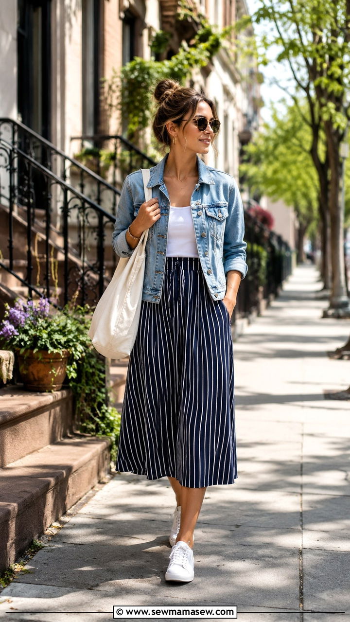 Striped Midi Skirt With Denim Jacket And Sneakers - 30 Spring outfits with midi skirts