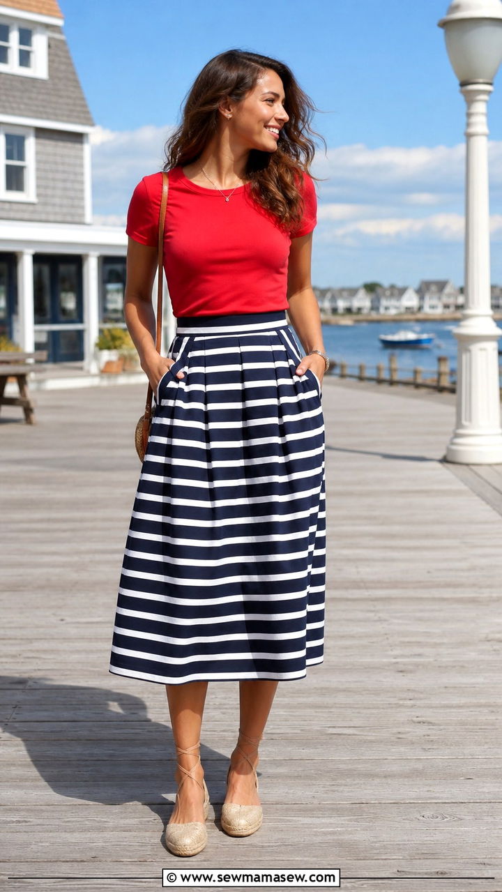 Striped Midi Skirt With Red Tee And Espadrilles - 40 midi skirt outfit ideas