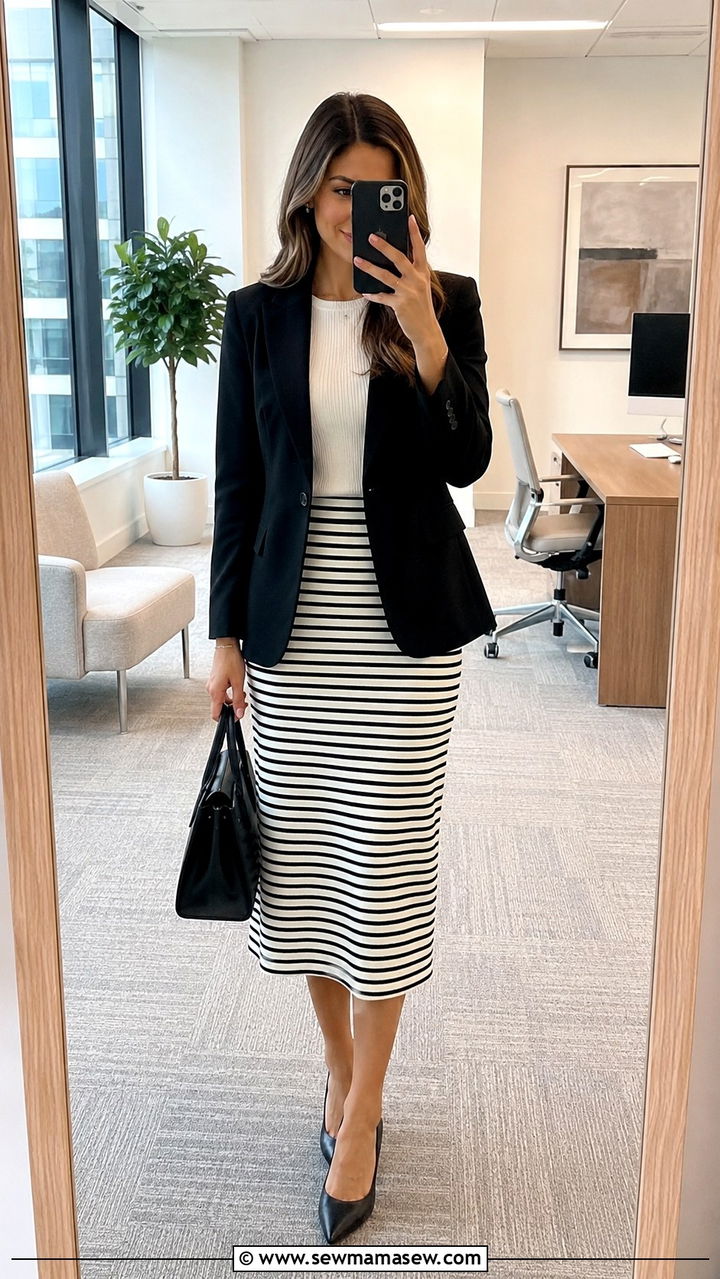Striped Midi Skirt and Blazer Outfit - 30 Midi skirt outfit ideas with a blazer
