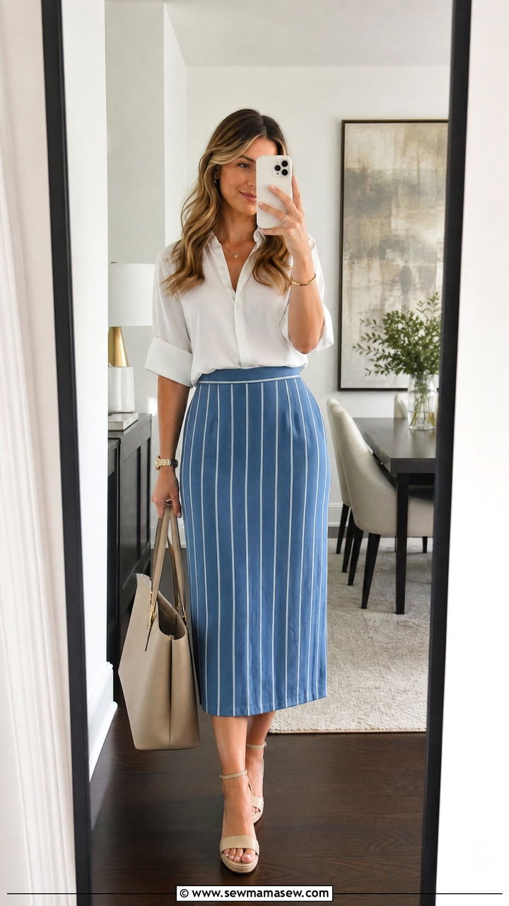 Striped Midi Skirt with White Blouse - 30 summer modest outfit ideas