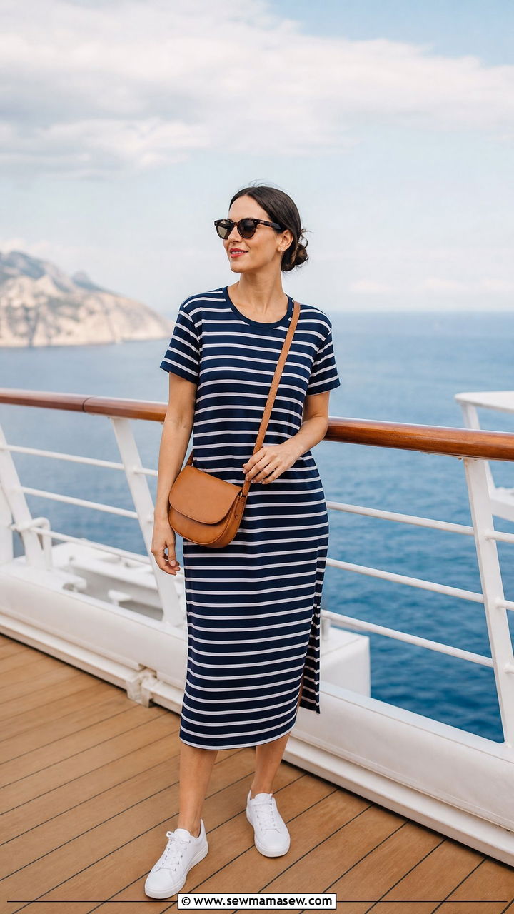 Striped Nautical Dress With White Sneakers Cruise Outfit - 35 Mediterranean cruise outfit ideas