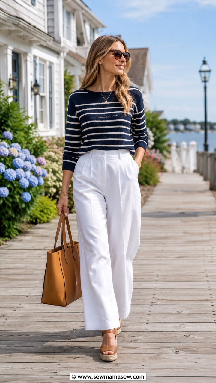 Striped Navy Sweater With White Wide Leg Trousers - 20 Spring coastal grandmother outfits 2026