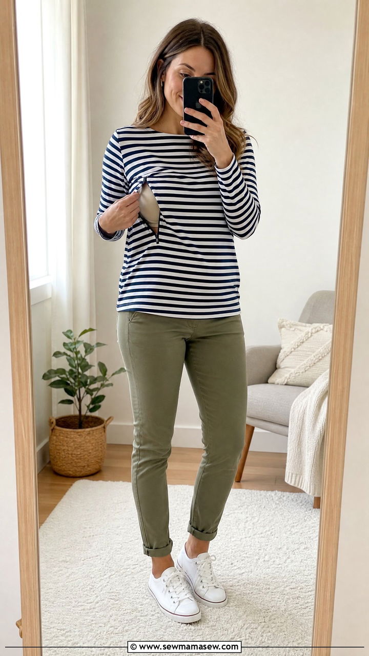 Striped Nursing Top with Chinos and Canvas Sneakers - 25 Pumping friendly work outfits