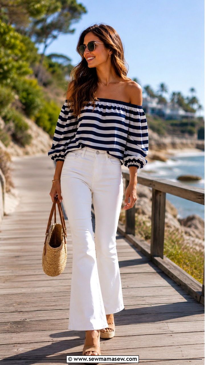 Striped Off Shoulder Top With White Flare Jeans - 30 spring western outfits