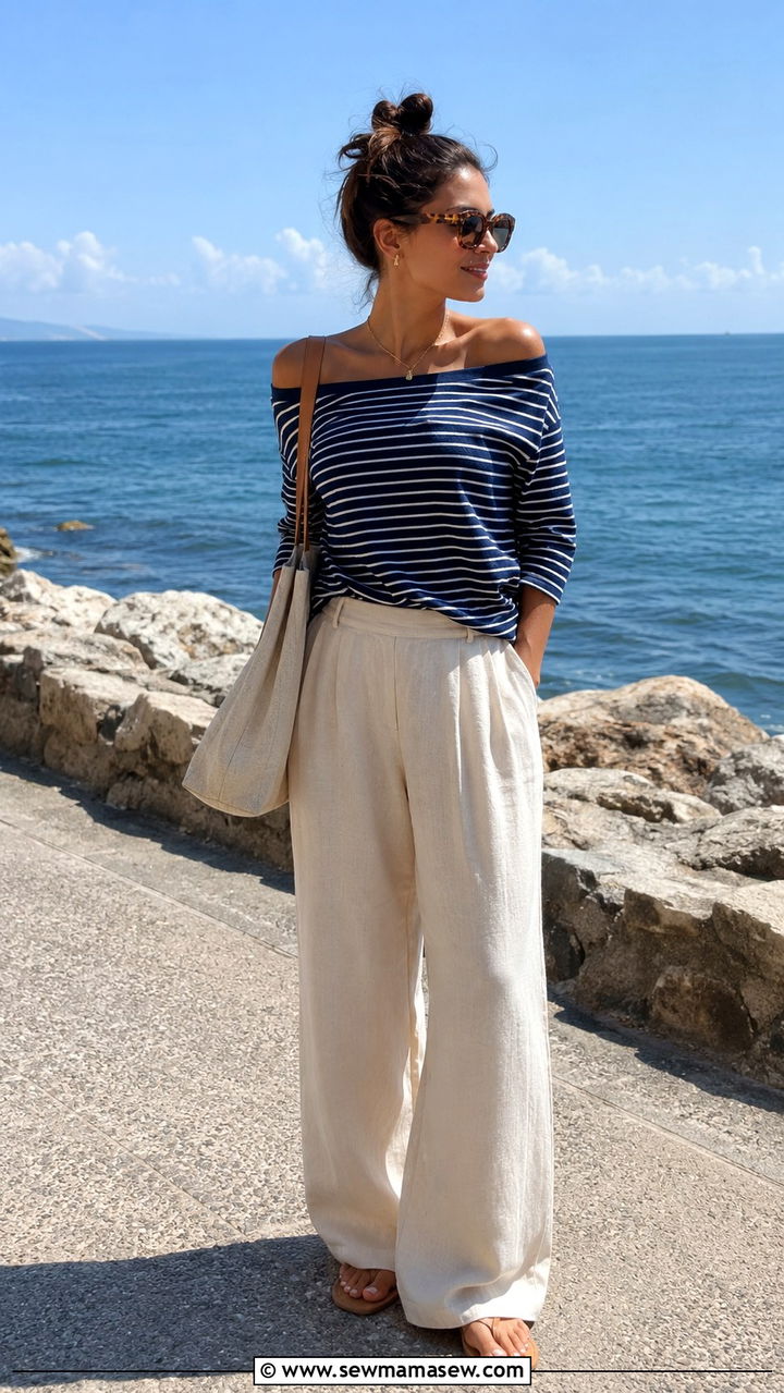 Striped Off the Shoulder Top and Wide Leg Linen Pants Outfit - 25 seasonal beach vacation outfit ideas