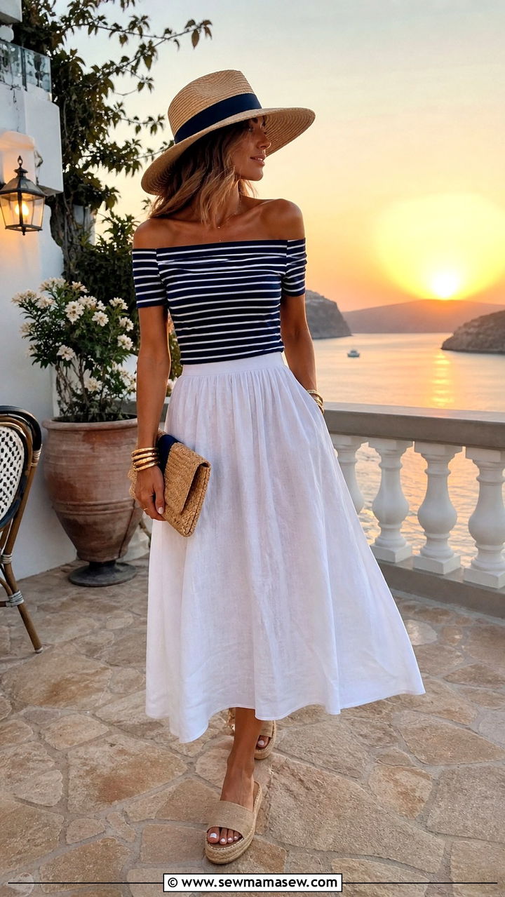 Striped Off the Shoulder Top with Linen Midi Skirt Outfit - 40 coastal grandmother outfits