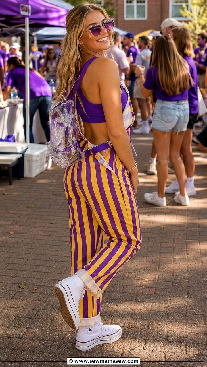 Striped Overalls and Crop Top - 30 Tailgate outfit ideas college