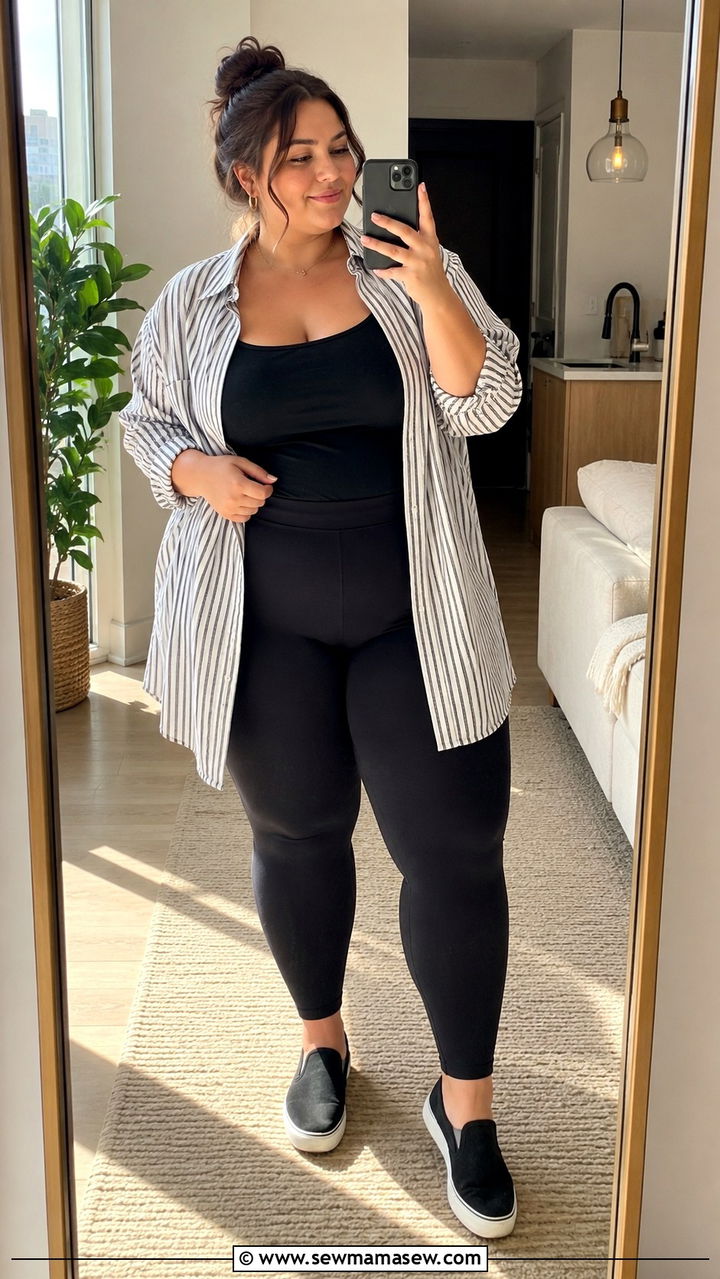 Striped Overshirt With Black Leggings And Slip On Sneakers - 30 Plus size outfit ideas for college
