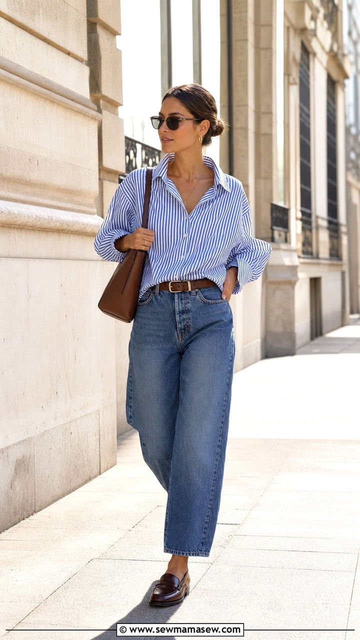 Striped Oversized Shirt and Barrel Leg Jeans Outfit - 25 Spring outfits for women in their 20s