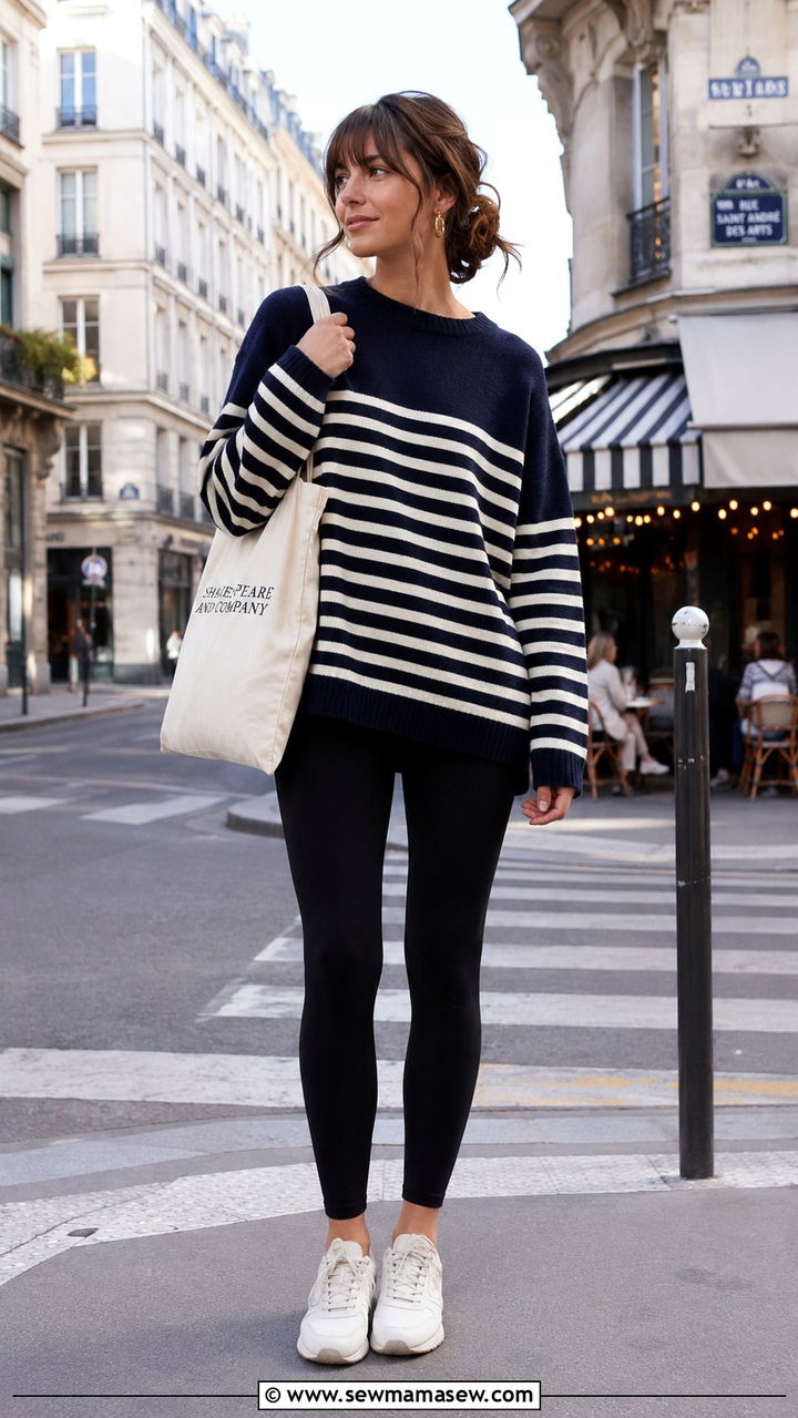 Striped Oversized Sweater With Black Leggings - 30 Oversized sweater with leggings outfit ideas