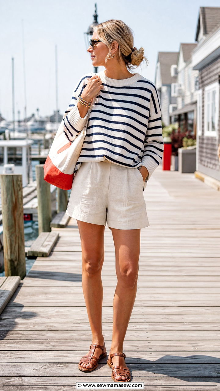 Striped Oversized Sweater With Linen Shorts - 25 Summer outfits with oversized sweater