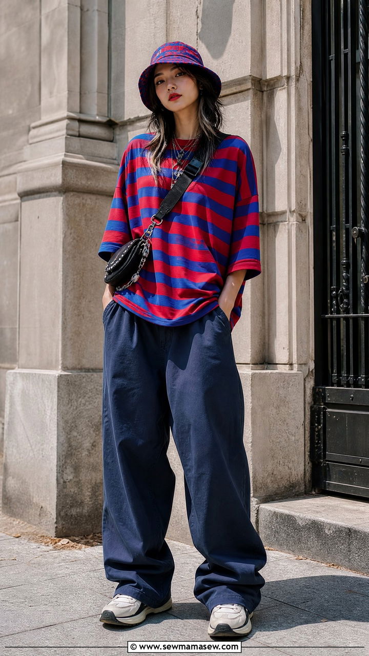 Striped Oversized Tee With Baggy Pants And Bucket Hat - 35 Billie Eilish concert outfit ideas