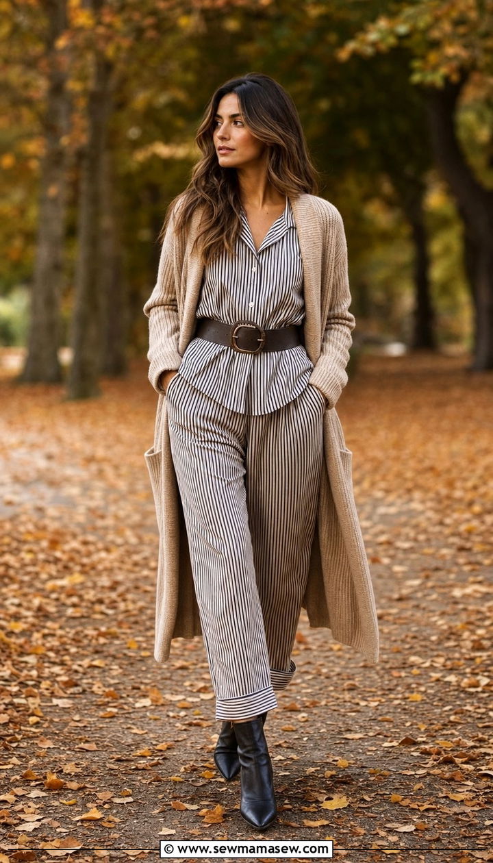 Striped Pajama Set With Cardigan and Ankle Boots - 25 Striped pajama set outfit ideas