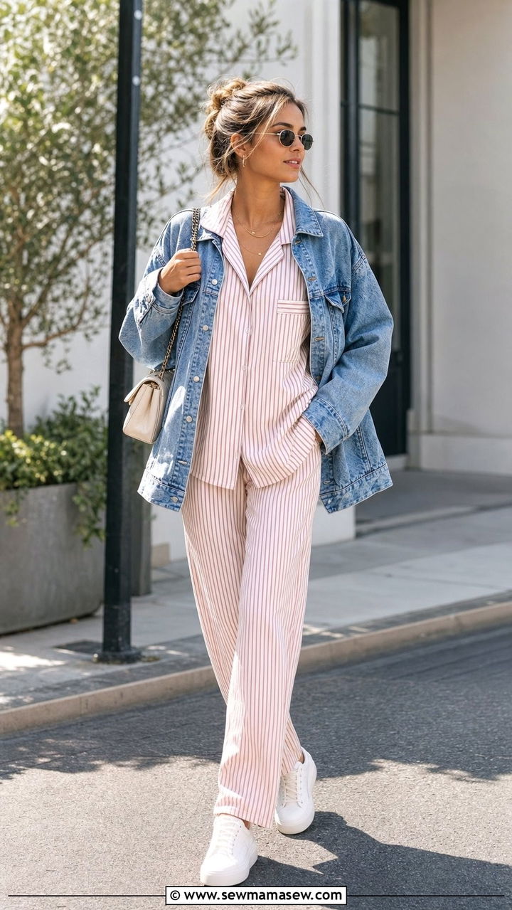 Striped Pajama Set With Denim Jacket - 25 Striped pajama set outfit ideas