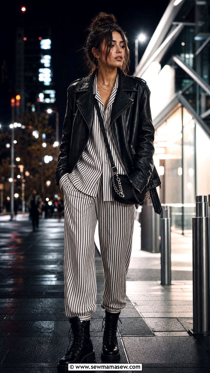 Striped Pajama Set With Leather Jacket - 25 Striped pajama set outfit ideas