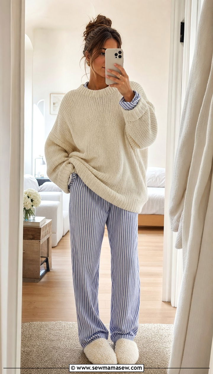 Striped Pajama Set With Oversized Sweater - 25 Striped pajama set outfit ideas