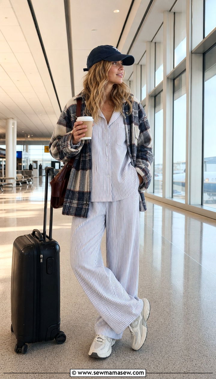 Striped Pajama Set With Shacket and Sneakers - 25 Striped pajama set outfit ideas