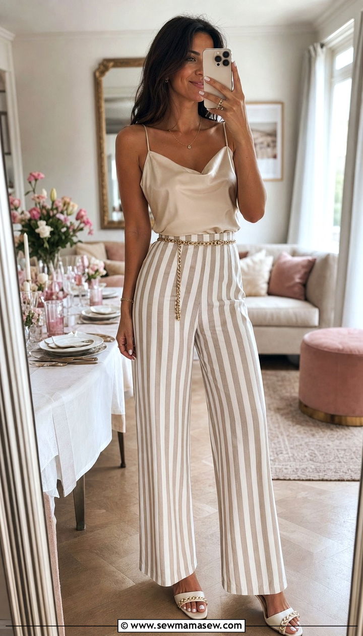 Striped Pajama Set With Silk Camisole and Mules - 25 Striped pajama set outfit ideas