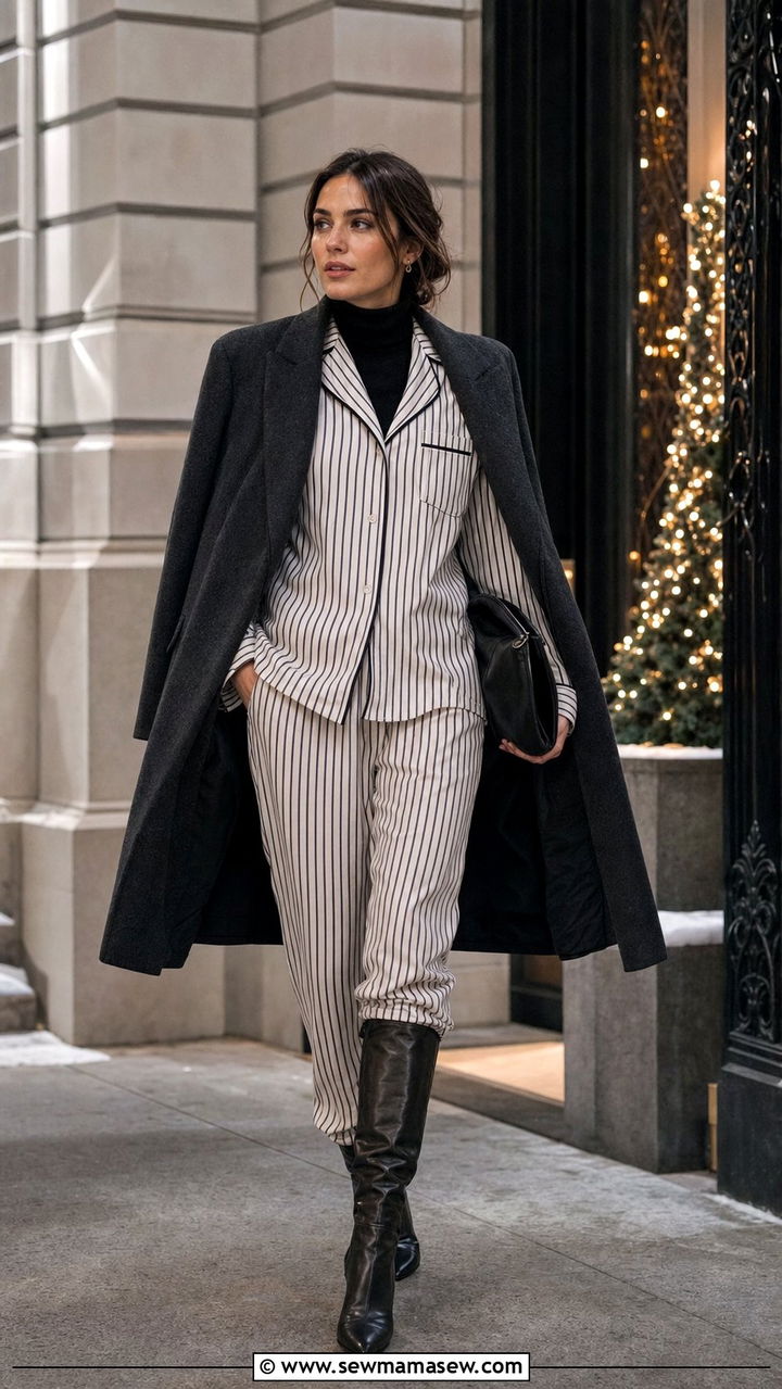 Striped Pajama Set With Turtleneck and Knee High Boots - 25 Striped pajama set outfit ideas