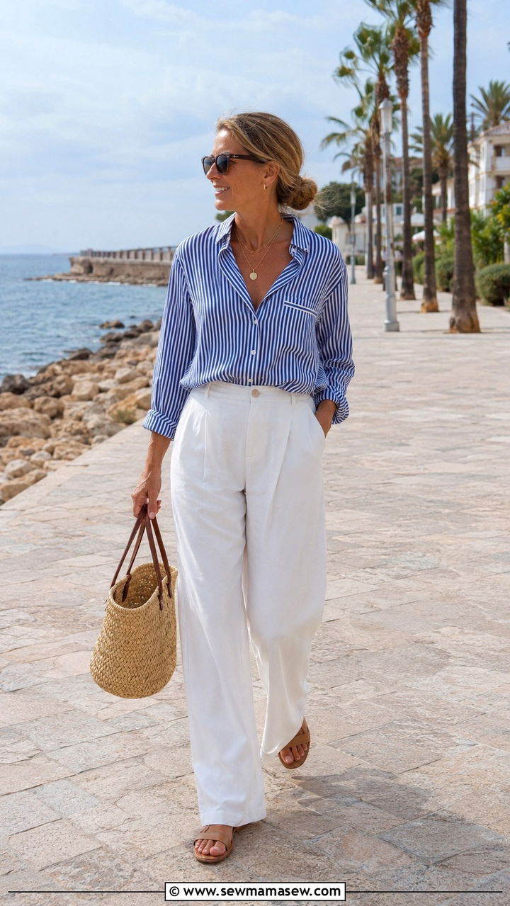 Striped Pajama Shirt With White WideLeg Trousers and Flats - 25 Pajama outfit ideas for women over 40