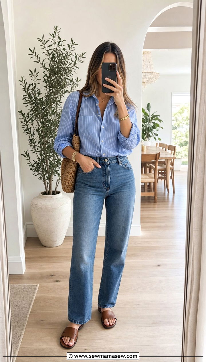 Striped Pajama Top With High Waisted Jeans - 25 Striped pajama set outfit ideas
