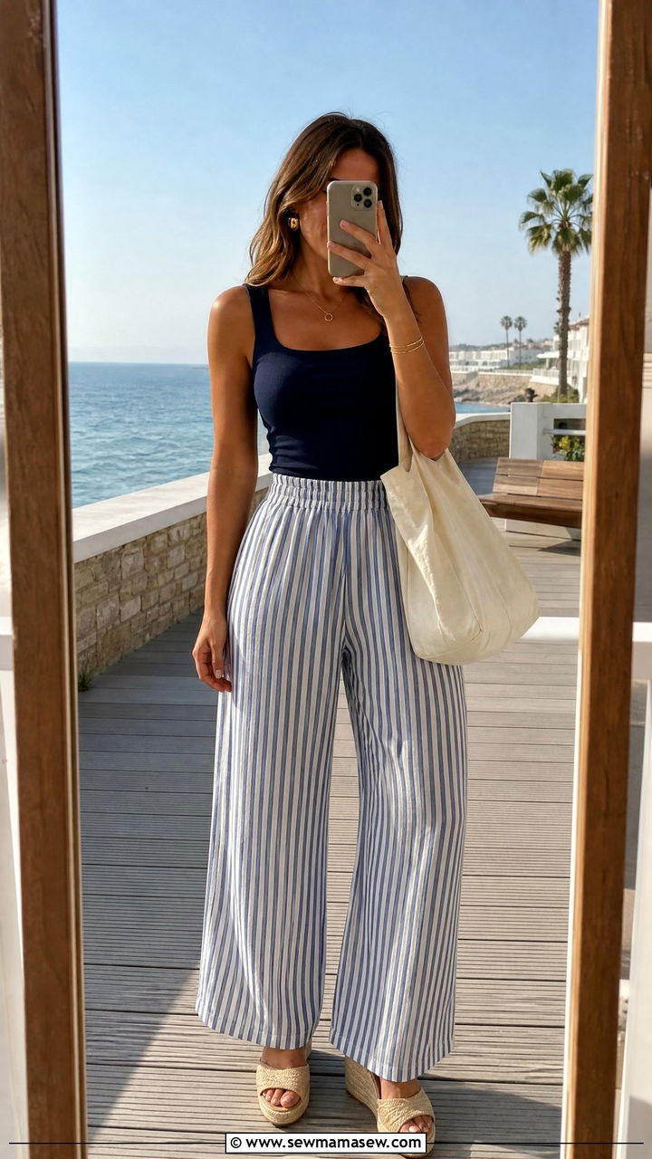 Striped Palazzo Pants And Navy Tank Outfit - 30 summer palazzo pants outfit ideas