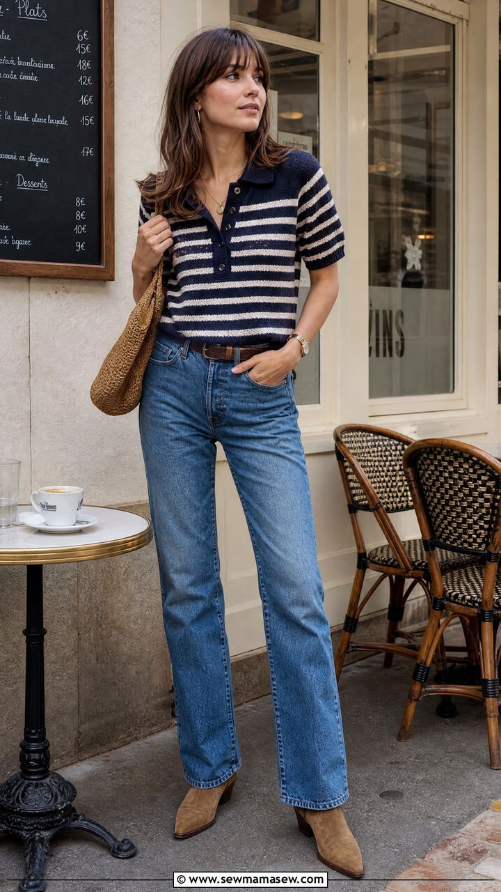 Striped Polo Knit With Straight Leg Jeans and Western Boots - 30 French girl outfits 2026