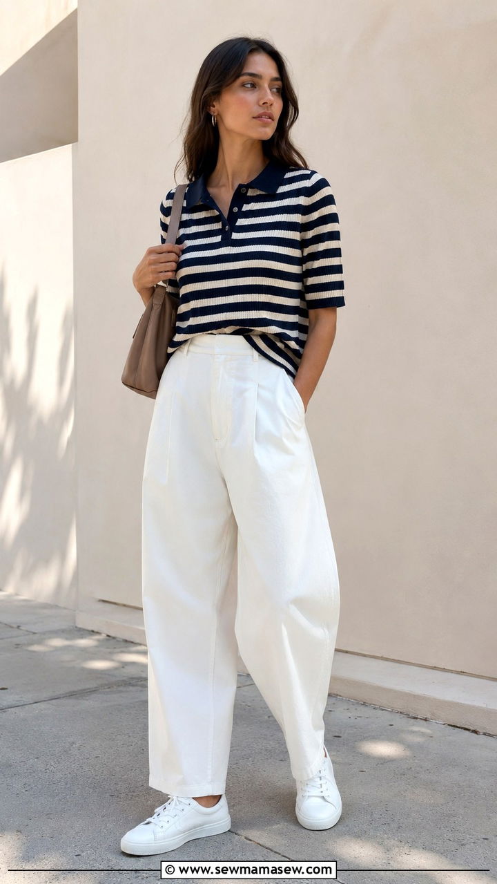 Striped Polo Knit and White Barrel Pants - 25 May outfits for women