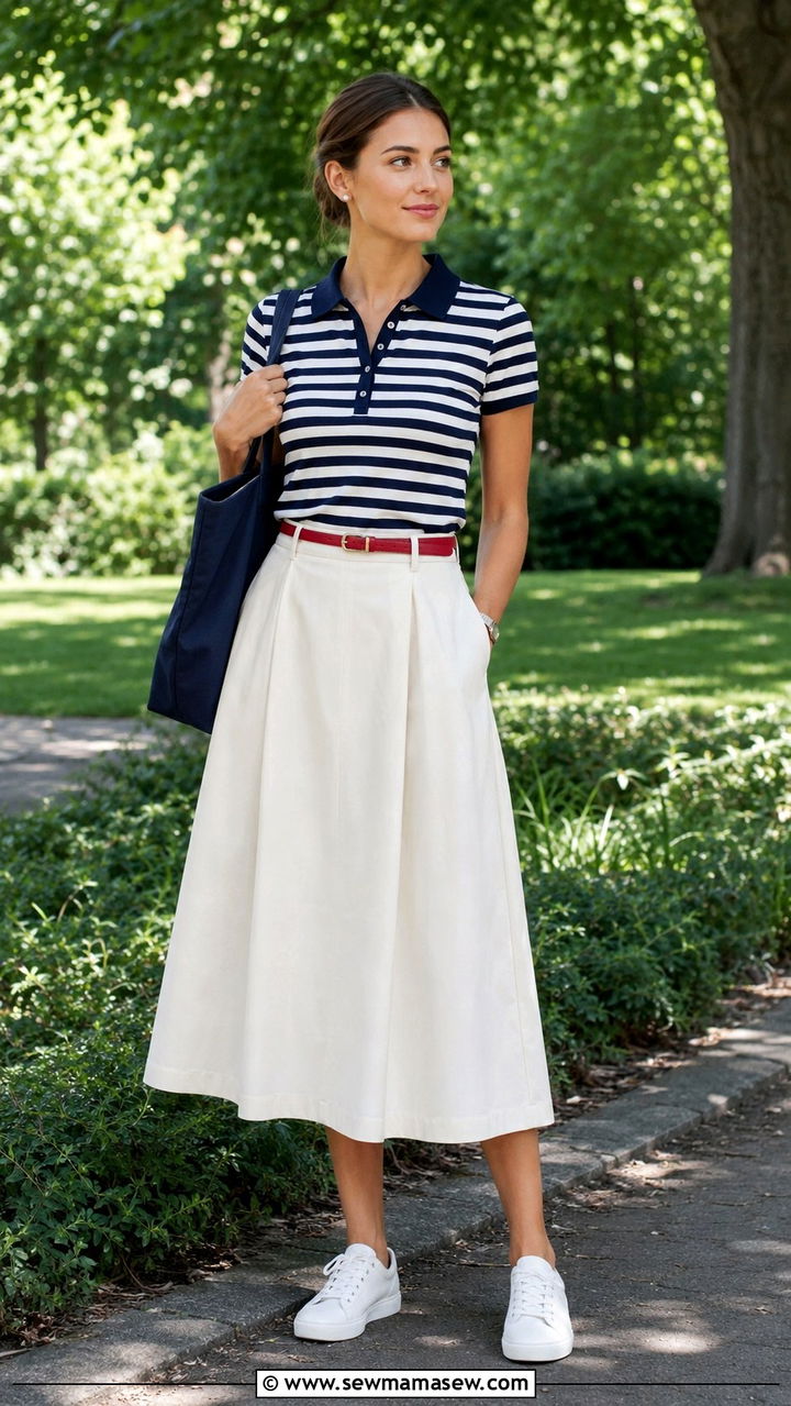 Striped Polo Shirt and Ivory A Line Skirt - 30 Old money capsule wardrobe
